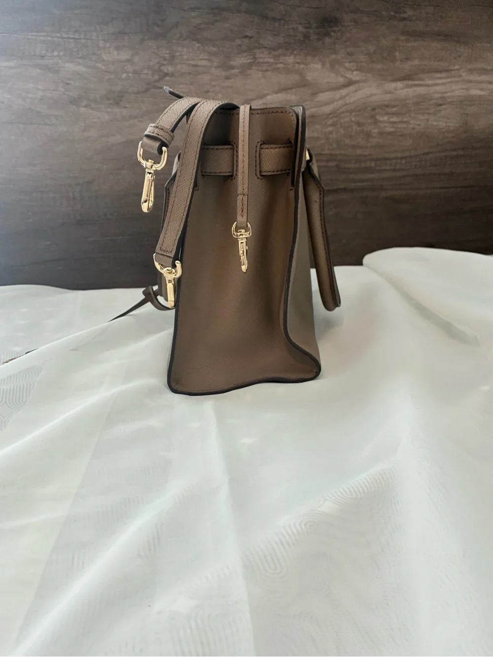 Michael Kors Brown Saffiano Leather Satchel with Gold Hardware